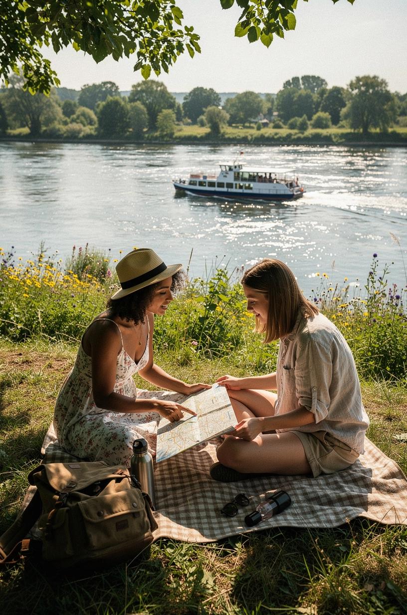Landschaftliche Flussinsel mit Wanderwegen, Fähre im Hintergrund und Aussichtspunkt über ruhige Wasserlandschaft, ideal für nachhaltige Kurzreisen in Deutschland.